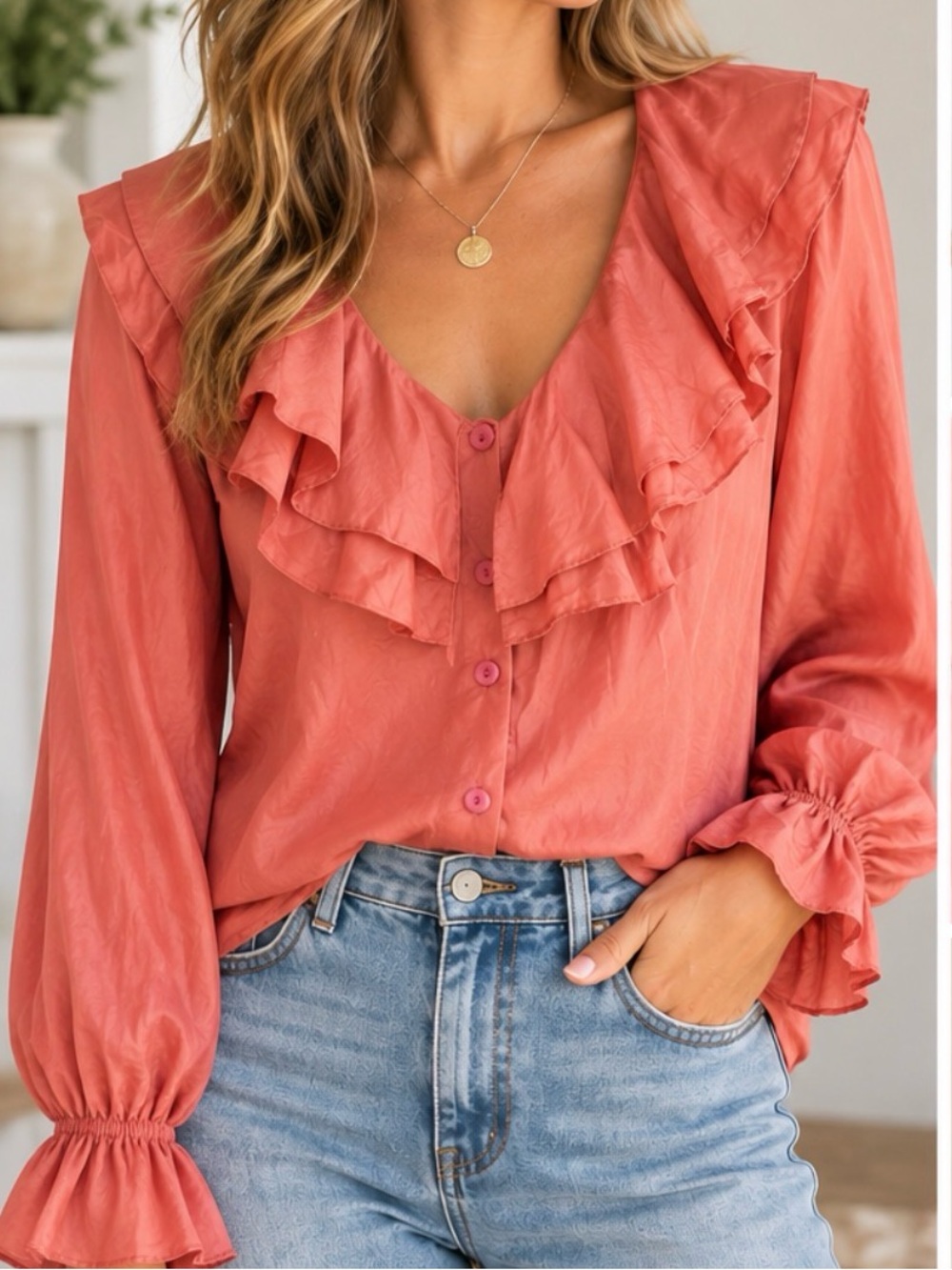 Jonathan Martin Vintage 100% Silk Coral Ruffle Blouse Top Size L